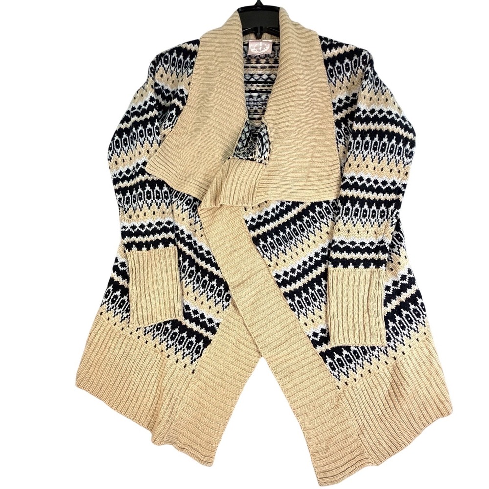 Womens Cardigan Sweater Geometric Pattern Open Front Beige Black Size M